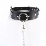 Gothic Black Leather Choker Collar with Leash