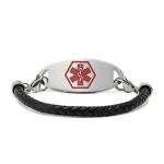 Black Leather Medical Alert ID Bracelet Chain