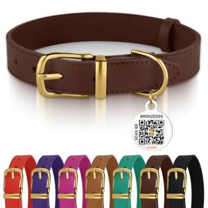 BronzeDog QR ID Tag Leather Collar for Small Pets