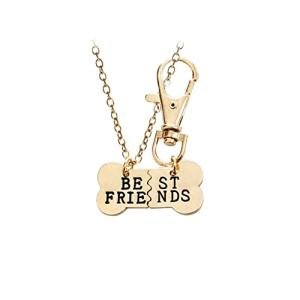 Gold Friendship Necklace and Dog Bone Keychain Set