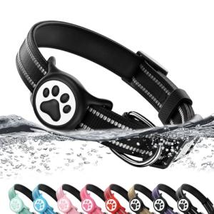 Reflective Dog Collar with Airtag Holder - Black