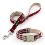 Red Plaid Adjustable Cotton Hemp Dog Collar and Leash Set