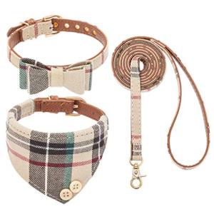 Plaid Dog Collar and Leash Set with Bow Tie