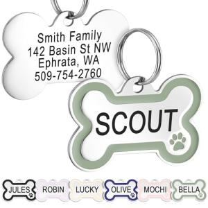 GoTags Stainless Steel Pet ID Bone Round and Heart Shaped Tags with Enamel Paw Design, Personalized Dog and Cat Tags, up to 5 Lines of Custom Text, Engraved on Both Sides (Sage, Regular Bone)