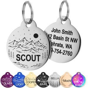 GoTags Stainless Steel Designer Pet ID Tags, Personalized Dog Tags and Cat Tags, up to 5 Lines of Custom Text, Mountain and Flower Design in Silver, Gold, Black, Blue and More (Round, Small)