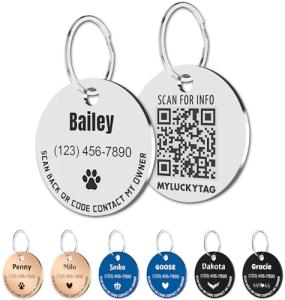 MYLUCKYTAG Personalized Stainless Steel QR Code Pet ID | Dog & Cat Collar Tag | Online Profile | Scanned Location Alert Email | Durable & Waterproof