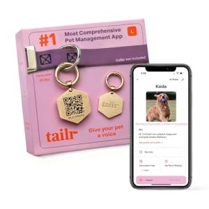 Hanging QR Code Pet ID Tag, Large Gold Dog Tag, Cat Tag, Custom Profile, Includes Free Pet Management App, Durable, Smart Dog Tag