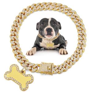 Hillban Dog Chain Golden Diamond Collar with Pet ID Jewelry Tags Rhinestones Stainless Steel Metal Link Collar Walking Chain Necklace for Christmas Puppy Boys Girls Gift Small Dogs(14 Inch)