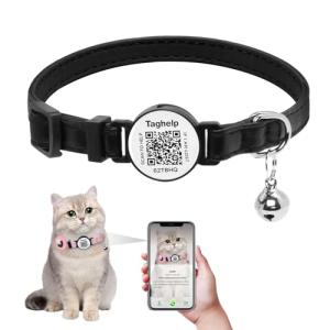 QR Code Breakaway Cat Collar with Instant Location Alerts - Leather Safety Collar with Bell & Smart ID Tag for Small and Big Cats, Emergency Contact Scan via QR (Black)