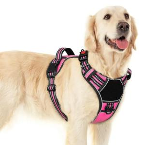 Eagloo Dog Harness for Large Dogs, Easy Wearing with 3 Buckles, Adjustable No Pull Pet Harness with 2 Rings for Walking, No Chock Reflective Soft Padded Vest with Control Handle, Pink & Black, L
