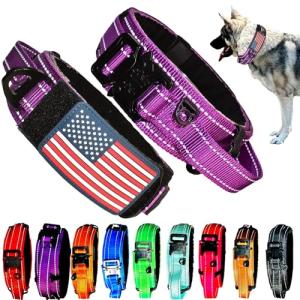 2-Inch Wide Tactical Dog Collar with Control Handle, Adjustable for Medium & Large Dogs, Military Style with Heavy-Duty Metal Buckle, USA Flag Patch & Customizable Name Plate, Training & Everyday Use