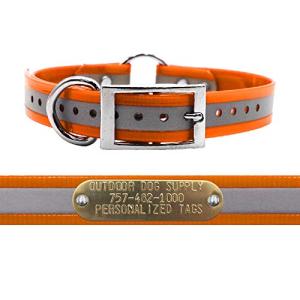 Outdoor Dog Supply 1" Heavy Duty Reflective Waterproof Center Ring Dog Collar for Medium & Large Dogs with 3/4" Custom Brass Nameplate (Reflective Orange, 18")