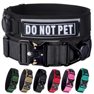 Comfluxe AirTag Dog Collar, 2" Wide Tactical Military Dog Collar with AirTag Holder & 3 Pet Patches, Soft Padded Reflective Waterproof Nylon Collar with Metal Buckle for Large Dogs (Black, L)