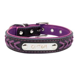 Personalized Braided Leather Dog Collars for Small Medium Large Dogs,Custom Dog ID Collar with Name Plate,Customizable Nameplate Engraved Design,Leash Available,Purple,M Size