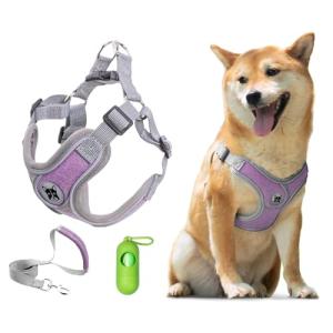 Patas Lague Dog Harness with Leash Set for Small Medium Dogs, No Pull No Choke Reflective Step in X Head Pet Harness Vest with Poop Bags and Dispenser, Adjustable and Padded, Purple Medium