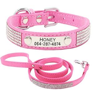 Soft Rhinestone Engraved Dog Collar and Leash Combo Set for Small Medium Large Dogs Custom Suede Leather Puppy Cat Pet Collars with Phone ID Tag/Pink-S