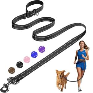 Kazazoo Hands-Free Dog Leash Adjustable Length 5-8Ft, Waist for Dog Walking, Running for Small &Medium Dogs with Reflective Strips, Ballistic Nylon, Waist Belt, Lightweight Black
