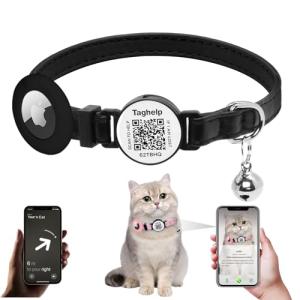 TAGHELP Breakaway Cat Collar Leather Soft Adjustable Pet Kitten Collars with Airtag Cat Collar with Bell - Kitten Collar, Apple Air Tag Holder for Boy Cats, Girl Cats with Smart ID tag (Black)