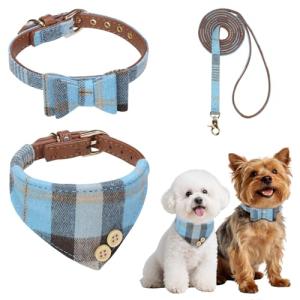 BINGPET Puppy Collar and Leash Set for Small Dogs, Plaid Bowtie Dog Collars Bandana with Bell for Boy Girl Dogs, Cute Adjustable Collar and Leash Set with Bow for Dog Cat Outdoor Walking, Blue S