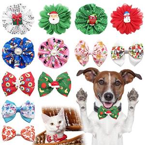 PET SHOW 12pcs Christmas Small Dogs Collar Charms Flowers Bow Ties for Xmas Holiday Party Costumes Medium Dog Cats Doggies Collars Attachment Grooming Accessories