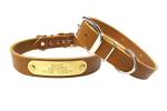 Warner Sporting Cumberland Leather Dog Collar with Engraved Brass ID Tag USA (23" Fits 17-21" Neck, Golden Tan)