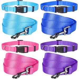 Weewooday 8 Pieces Dog Collar and Leash Set Nylon Adjustable Dog Collars and Leash Personalized Puppy Supplies for Small Medium Large Pet Walking Training, 4 Colors