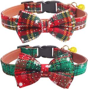 KUDES 2 Pack/Set Christmas Snowflake Dog Collars Breakaway with Bow Tie and Bells for Cat and Small/Medium/Large Pets, Red & Green