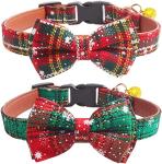 KUDES 2 Pack/Set Christmas Snowflake Dog Collars Breakaway with Bow Tie and Bells for Cat and Small/Medium/Large Pets, Red & Green
