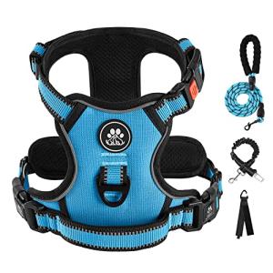 IVY&LANE No Pull Dog Harness for Medium Dogs, Dog Vest Harness with Leash, Safety Belt and Storage Strap, Fully Adjustable, 360° Reflective Strip, Soft Handle (Blue, M)