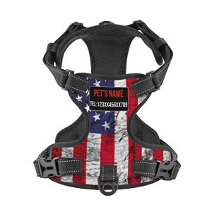 Custom No Pull Dog Harness, Personalized Vintage American Flag Dog Vest with Pet Name Phone Number, Customized Adjustable Reflective Pet Harness for Large Medium and Small Dogs Cats Outdoor Walking