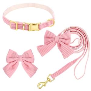 Velvet Dog Collar and Leash Set with Bowtie, Adjustable Velvet Dog Collar with Metal Buckle, Cute Girl Dogs Collars, 9‘’-13‘’for Small Medium Puppy Dogs with 5 FT Leash (Pink, S)