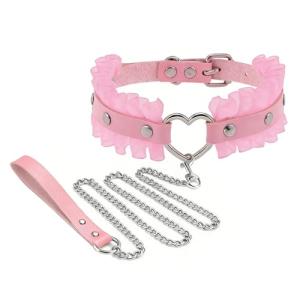 Heart Collar and Leash Set with Lace Edge for Cat, 2PCS Cosplay Rave Jewelry Accessories for XS-M Pet Dog (Pink)