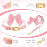 Velvet Dog Collar and Leash Set with Bowtie, Adjustable Velvet Dog Collar with Metal Buckle, Cute Girl Dogs Collars, 9‘’-13‘’for Small Medium Puppy Dogs with 5 FT Leash (Pink, S)