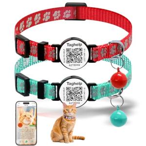 Smart QR Code Cat Collar 2-Pack - Digital Pet ID Tag with Breakaway Safety Design, Reflective Strips & Adjustable Fit for Lost Cat Recovery (Red & Green)