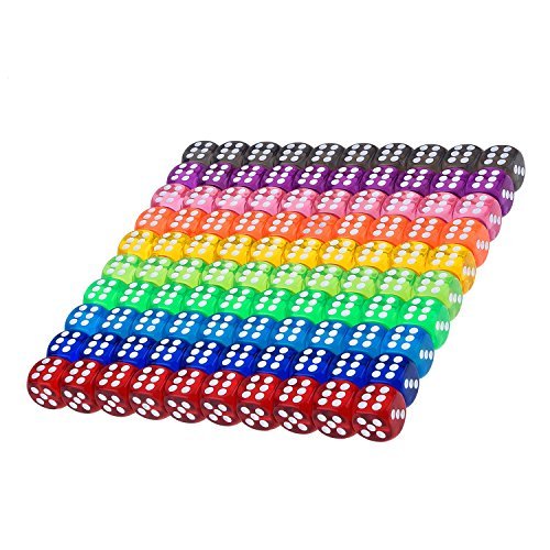 100 Pieces Translucent Colors 6-Sided Games Dice Set, 16 mm Round Corner Dice for Playing Games, Like Board Games, Dice Games, Math Games, Party Favors, Toy Gifts or Teaching kids Math from Blulu