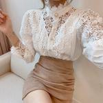 White Long Sleeve Lace Trim Elegant Shirt