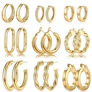 9 Pairs Gold Plated Hoop Earrings Set