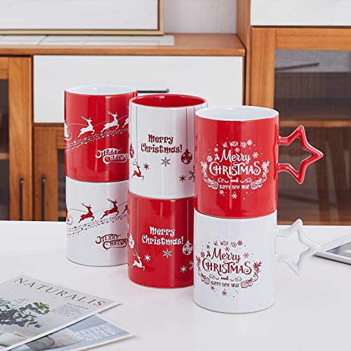 Set of 6 Holiday Coffee Mugs with Snowflake Handle