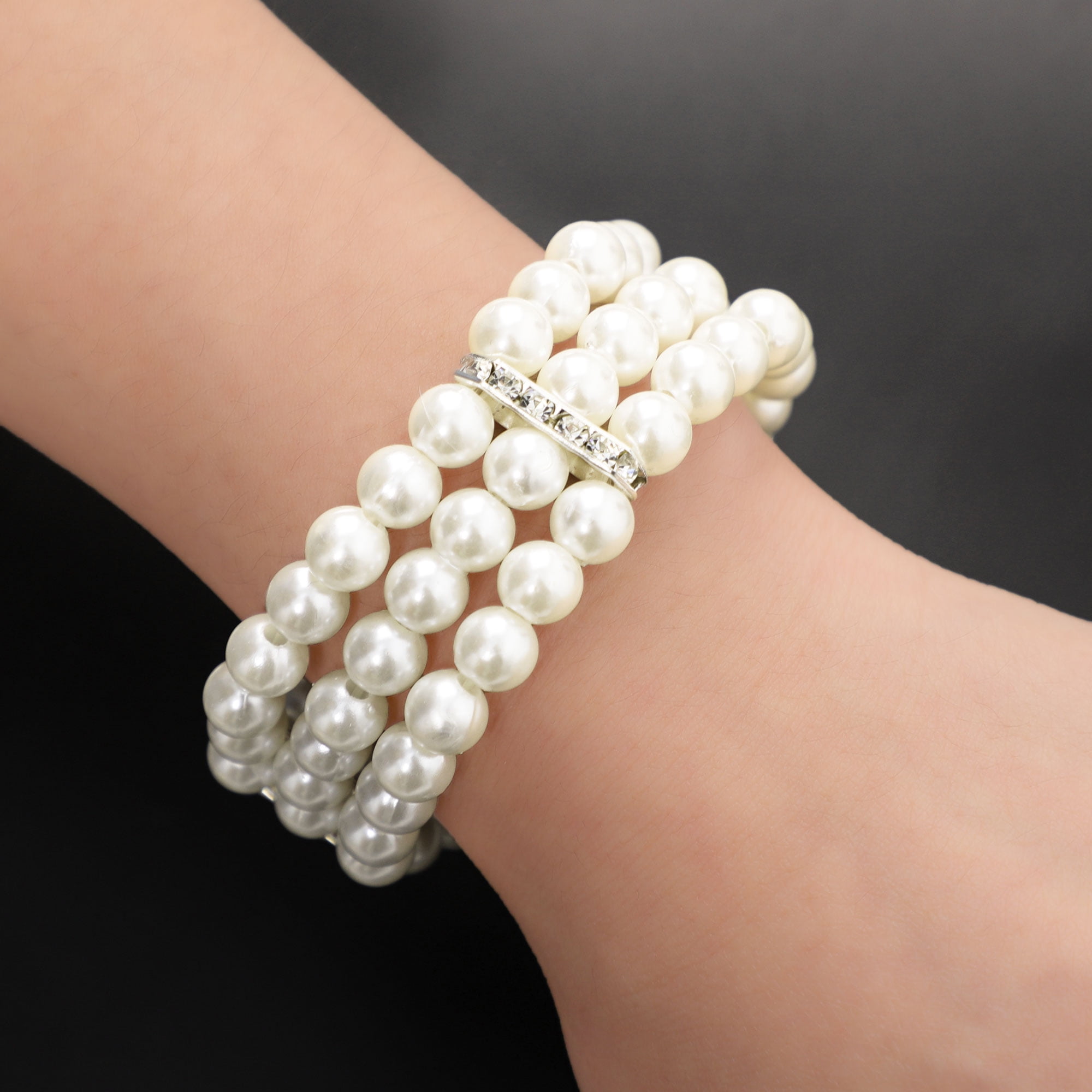 Grey and White Imitation Pearls Stretch Bracelet for Women