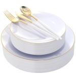 DaYammi 30 Guests Gold Plastic Plates with Disposable Silverware,Gold Cutlery with White Handle,White Disposable Dinnerware:60 Dinner/Dessert Plates,90 Plastic Silverware Set,Gold Plate for Party