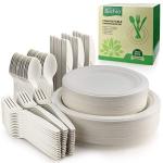 250 Piece Biodegradable Paper Plates Set (EXTRA LONG UTENSILS), Disposable Dinnerware Set, Eco Friendly Compostable Plates & Utensil include Plates, Forks, Knives and Spoons for Party