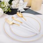 DaYammi 30 Guests Gold Plastic Plates with Disposable Silverware,Gold Cutlery with White Handle,White Disposable Dinnerware:60 Dinner/Dessert Plates,90 Plastic Silverware Set,Gold Plate for Party