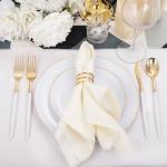 DaYammi 30 Guests Gold Plastic Plates with Disposable Silverware,Gold Cutlery with White Handle,White Disposable Dinnerware:60 Dinner/Dessert Plates,90 Plastic Silverware Set,Gold Plate for Party