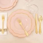 NOCCUR 175PCS Pink Plates with Gold Disposable Silverware - Include 50 Pink Plastic Plates,25 Knives,25 Forks,25 Spoons,25 Cups and 25 Napkins - Ideal for Party/Wedding/Easter Day