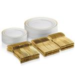 125 Piece Gold Dinnerware Party Set - 50 Gold Rim Plastic Plates, 25 Dinner 25 Dessert Plates, 25 Knives, 25 Forks, 25 Spoons - 25 Guest Disposable Set for Wedding Birthday Parties
