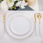 DaYammi 30 Guests Gold Plastic Plates with Disposable Silverware,Gold Cutlery with White Handle,White Disposable Dinnerware:60 Dinner/Dessert Plates,90 Plastic Silverware Set,Gold Plate for Party