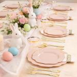 NOCCUR 175PCS Pink Plates with Gold Disposable Silverware - Include 50 Pink Plastic Plates,25 Knives,25 Forks,25 Spoons,25 Cups and 25 Napkins - Ideal for Party/Wedding/Easter Day