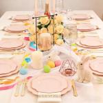 NOCCUR 175PCS Pink Plates with Gold Disposable Silverware - Include 50 Pink Plastic Plates,25 Knives,25 Forks,25 Spoons,25 Cups and 25 Napkins - Ideal for Party/Wedding/Easter Day
