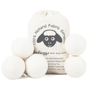 Budieggs Wool Dryer Balls Organic XL 6-Pack, 100% New Zealand Wool Chemical Free Fabric Softener for 1000+ Loads, Baby Safe & Hypoallergenic, Fabrics Soft and Fluffy Naturally