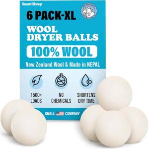 Smart Sheep Wool Dryer Balls - 6-Pack - XL Premium Natural Fabric Softener Award-Winning - Wool Balls Replaces Dryer Sheets - Wool Balls for Dryer - Laundry Balls for Dryer